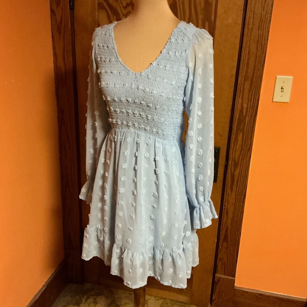BTFBM Light Blue Swiss Dot Smocked Dress Boho Romantic Long Sleeve Ruffle Hem - Picture 8 of 10